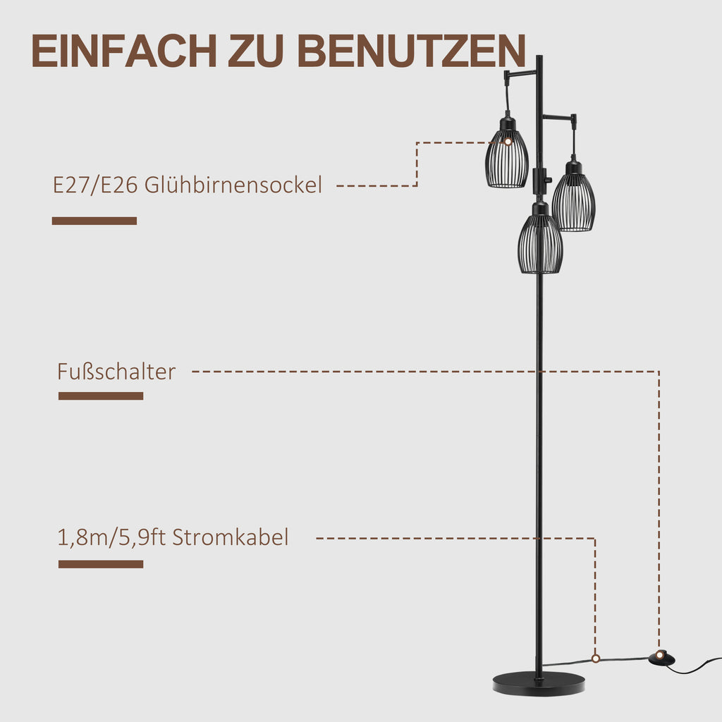 HOMCOM Stehleuchte im Industrie-Design mit 3 Lampenschirmen 30 cm x 30 cm x 170,5 cm Stahl