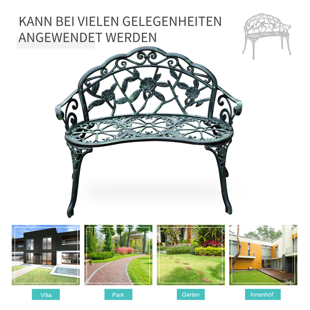 Outsunny 2-Sitzer Gartenbank robust Parkbank Sitzbank mit Rückenlehne Bank 240kg belastbar Gartenmöbel 100 x 54 x 78 cm Antik Grün
