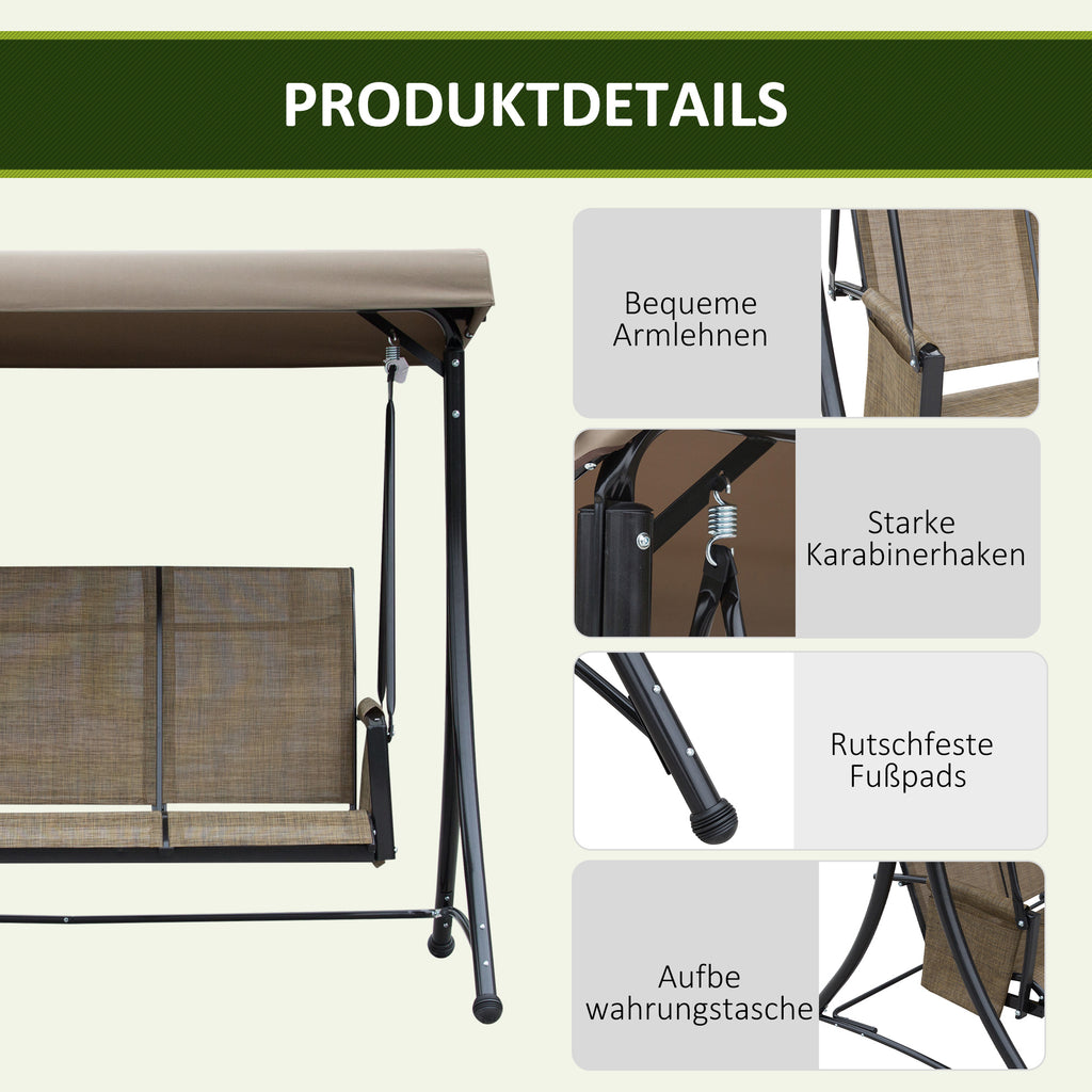Outsunny 3-Sitzer Hollywoodschaukel, Gartenschaukel mit Sonnendach, Schaukelbank mit Ablage, Aluminium, 196 x 128 x 172 cm, Braun