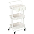 HOMCOM Rollwagen, Servierwagen, 3 Ablagekörbe, 3 Hängeboxen, 4 Haken, Metallrahmen, 42 x 38 x 86,5cm, Weiß