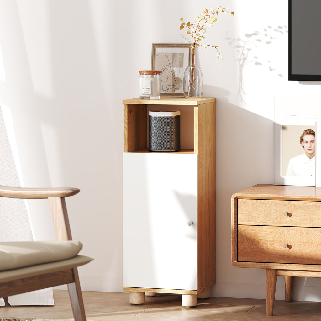 HOMCOM Badezimmerschrank Platzsparend mit 2 Regalen und offenem Fach, 30x30x79,7 cm, Weiß und Holz