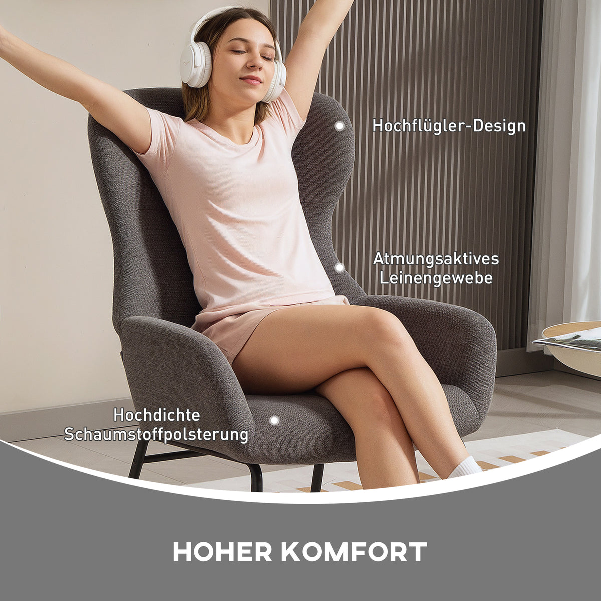 HOMCOM Moderner Polsterstuhl im Ohrenbacken-Stil, hohe Rückenlehne, dicke Polsterung, Metallbeine, Grau