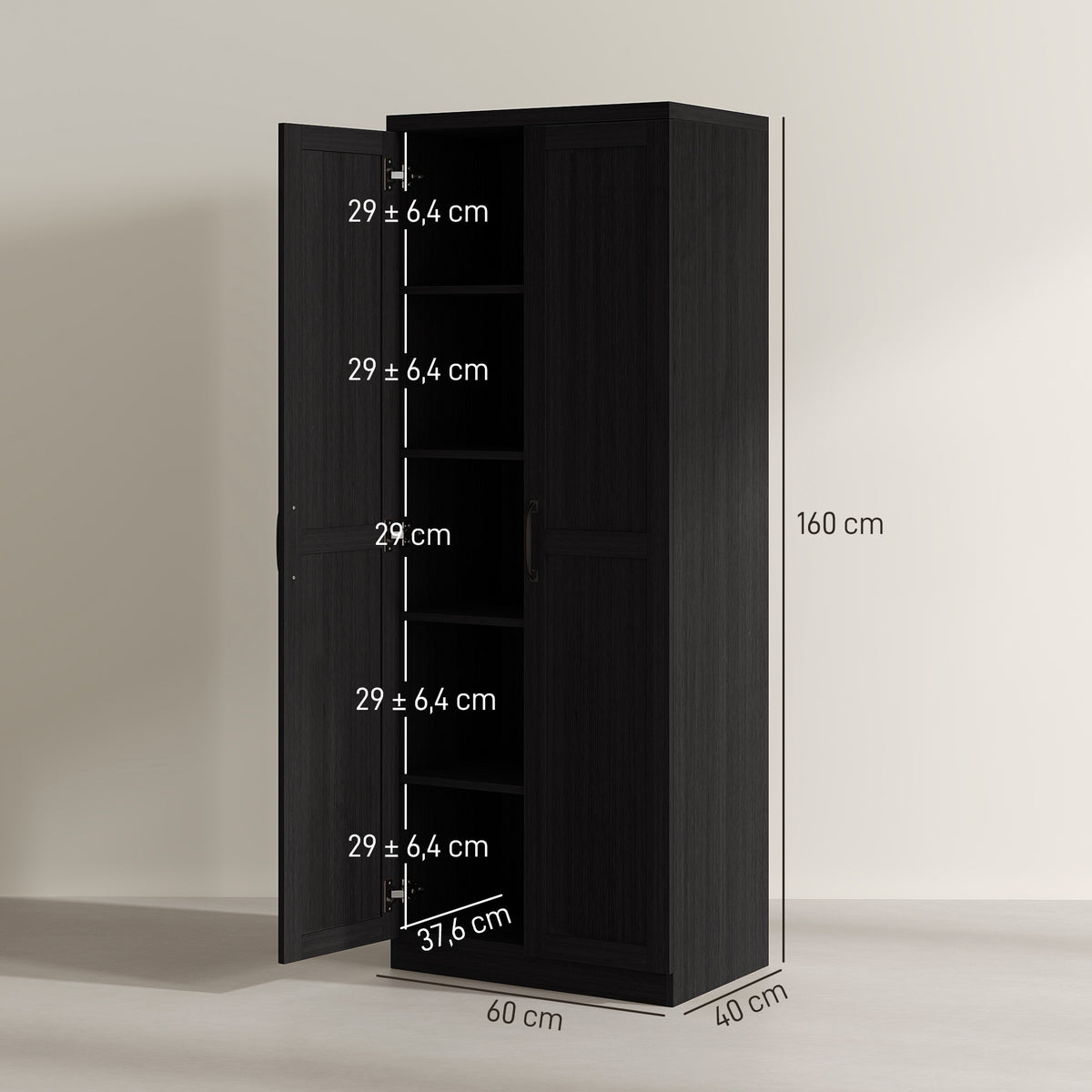 HOMCOM Buffet Küche, Küchenmöbel Aufbewahrung mit Doppeltür und 2 verstellbaren Regalen, 60 x 40 x 160 cm, Schwarz