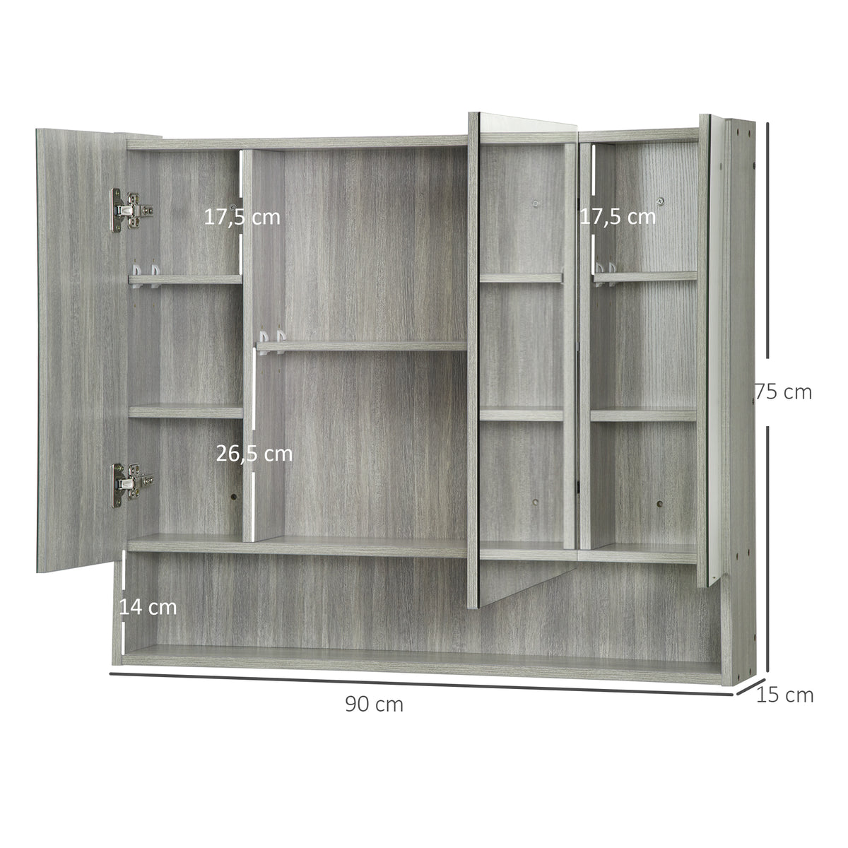 kleankin Badezimmerschrank mit Spiegel, Toilettenregal 3 Spiegeltüren, verstellbare Regale, 90x15x75cm, grau
