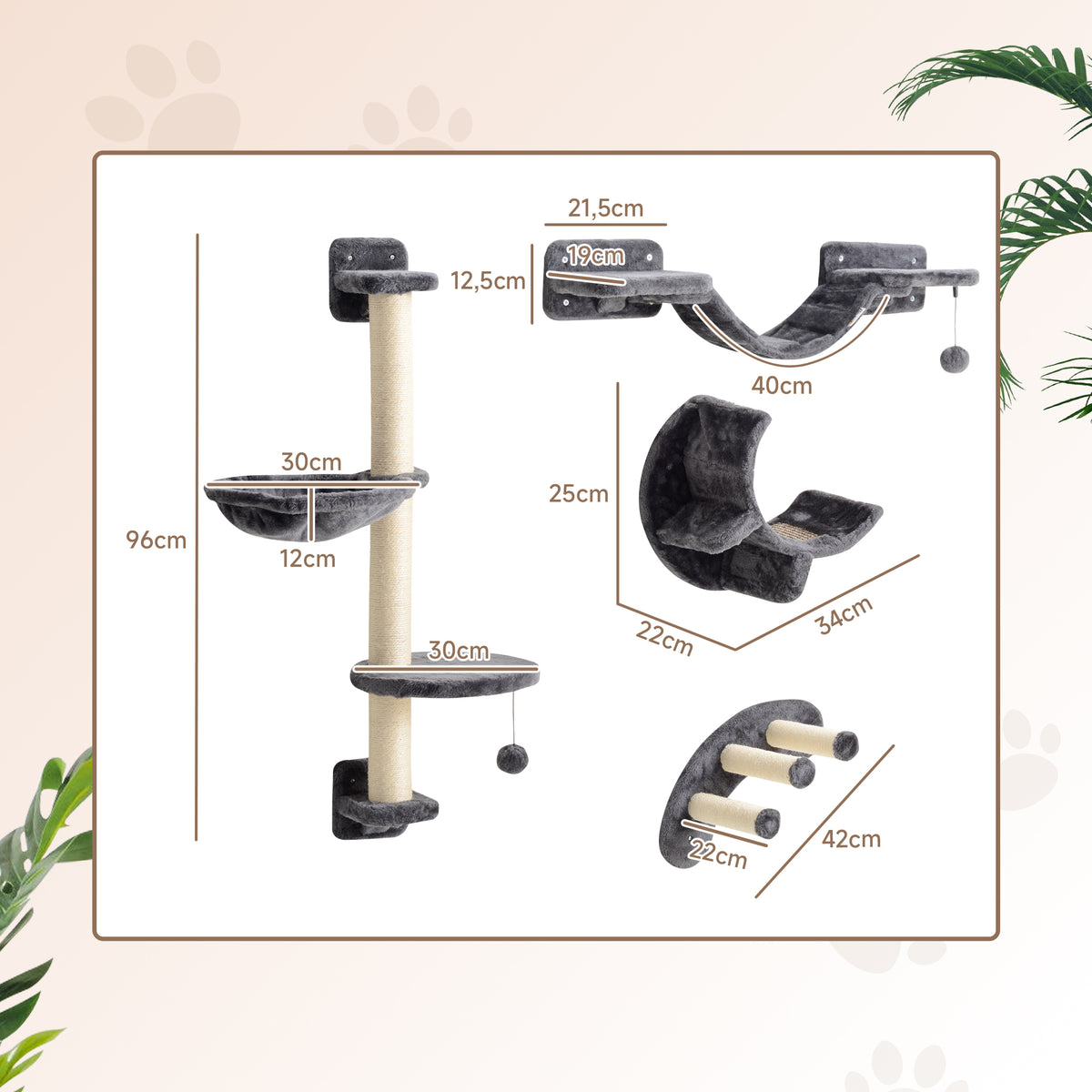 PawHut Kletterwand Katzen 4-teilig Katzen Kletterwand Set mit Hängematte, Katzenbrücke bis zu 5 kg, Dunkelgrau