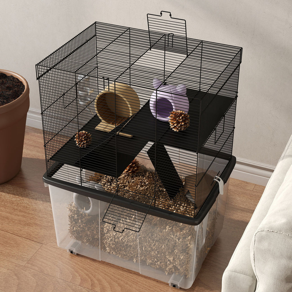 PawHut Hamsterkäfig 3 Etagen mit Rädern, 2 Plattformen, Rampen, Napf und Trinkflasche, 58x43x74 cm, Schwarz