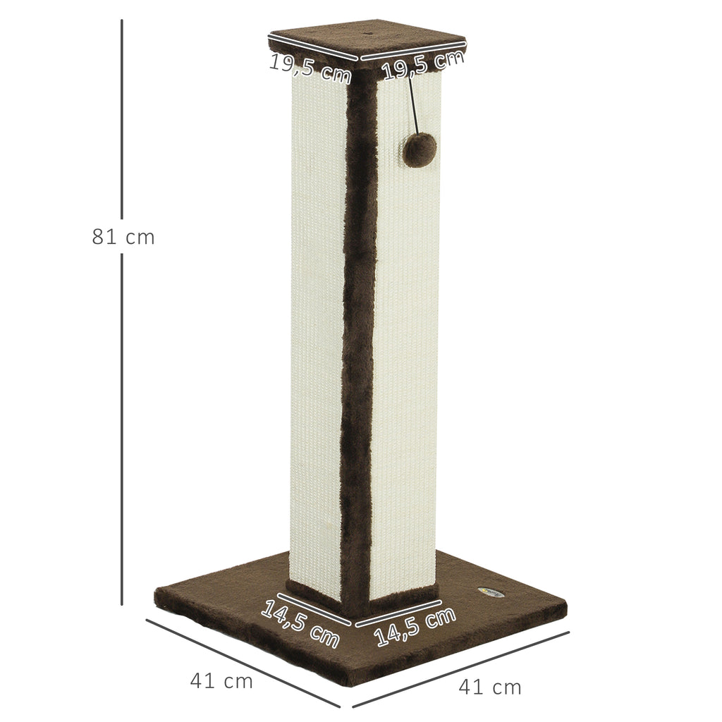 PawHut Kratzbaum für Katzen Kratzsäule Katze aus Sisal und Plüsch, hängender Ball stabile Basis 41 x 41 x 81 cm Braun und Creme