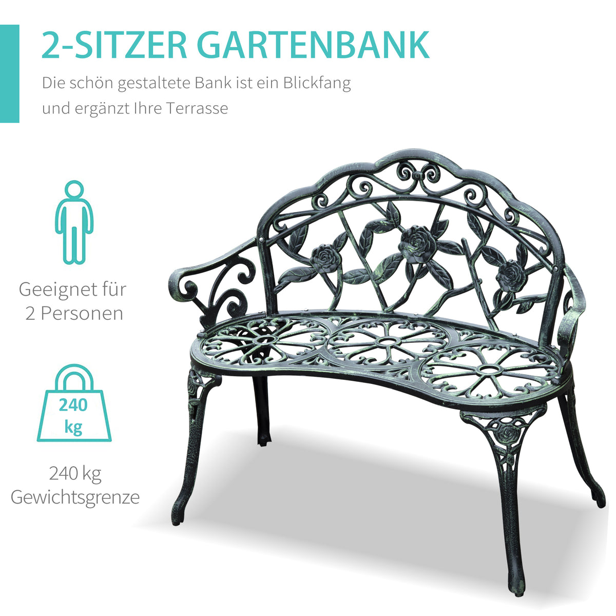 Outsunny 2-Sitzer Gartenbank robust Parkbank Sitzbank mit Rückenlehne Bank 240kg belastbar Gartenmöbel 100 x 54 x 78 cm Antik Grün