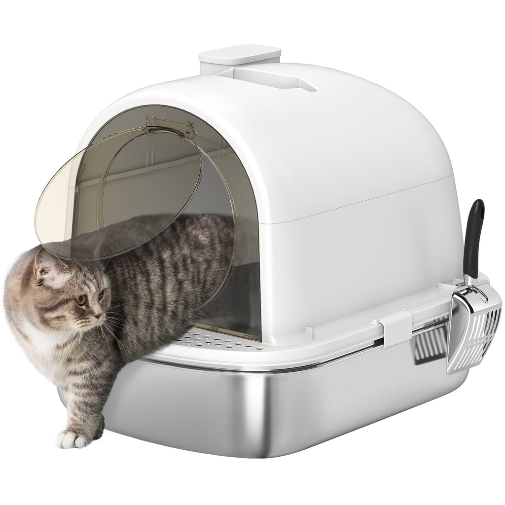 PawHut Katzentoilette geschlossenes Edelstahlkatzentoilette, einfache Reinigung, 52,4 x 41,3 x 39,9 cm, weiß