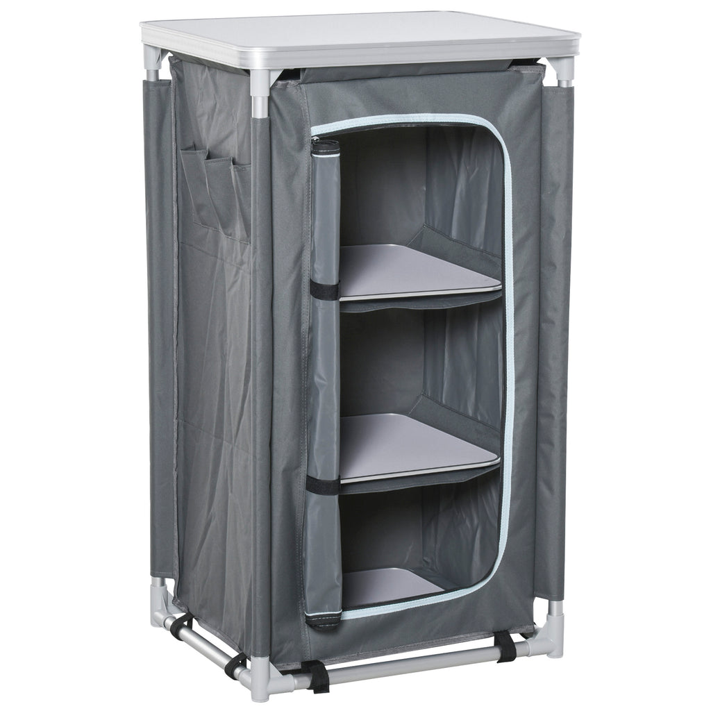 Outsunny Campingschrank faltbar Küchenbox tragbar mit Arbeitsplatte Tragetasche 3 Ablagen 600D Oxford Stoff Grau 60 x 50 x 104,5 cm
