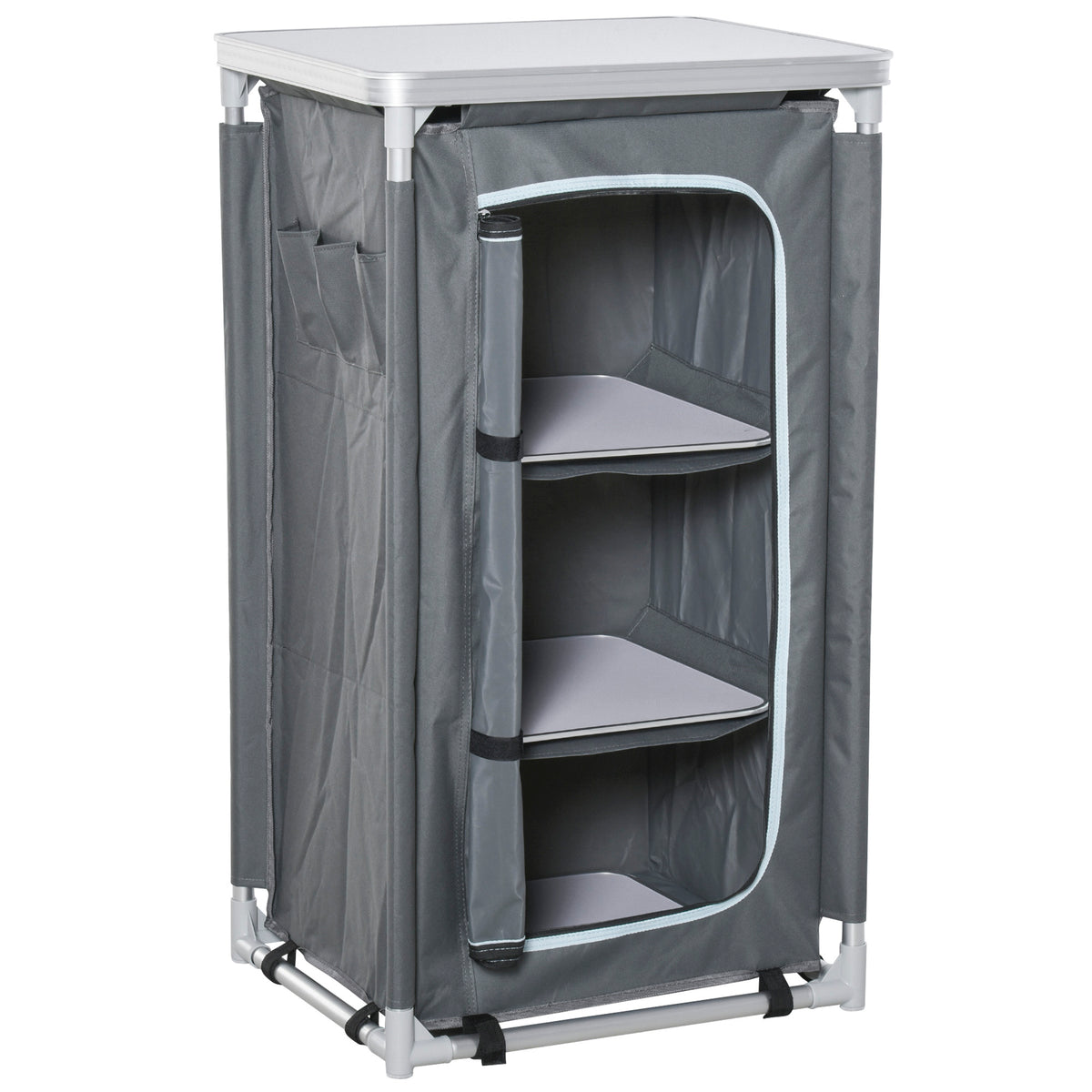 Outsunny Campingschrank faltbar Küchenbox tragbar mit Arbeitsplatte Tragetasche 3 Ablagen 600D Oxford Stoff Grau 60 x 50 x 104,5 cm
