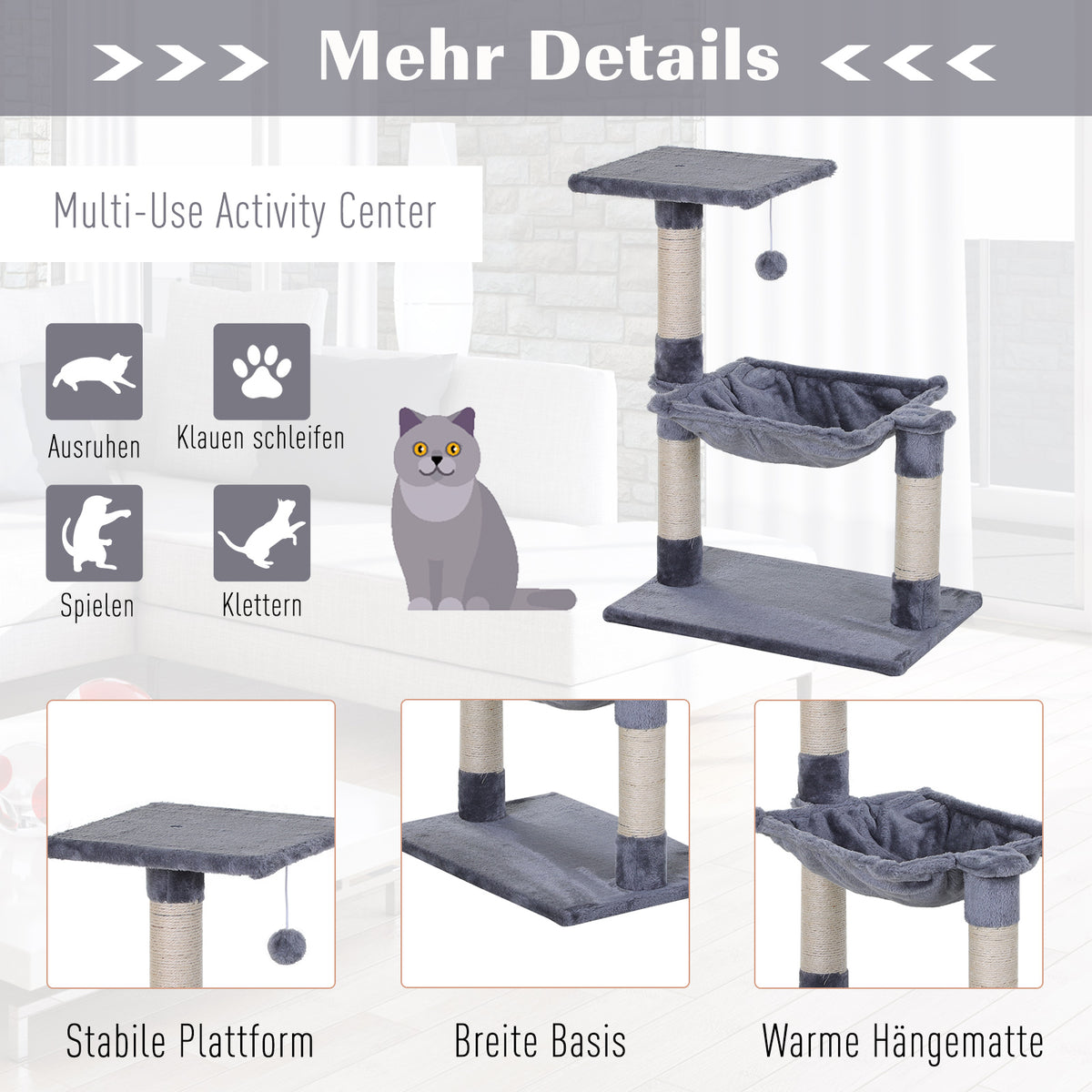 PawHut Kletterbaum Katzenbaum Kratzbaum mit Sisalsäule Plüsch-Hängematte Spanplatte Grau 50 x 36 x 70 cm
