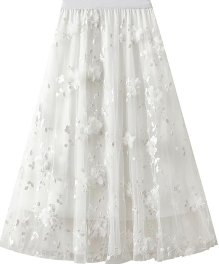 Womens Floral Midi Skirt High Waisted A Line Cute Layered Fairy Mesh Tulle Pleated Skirt
