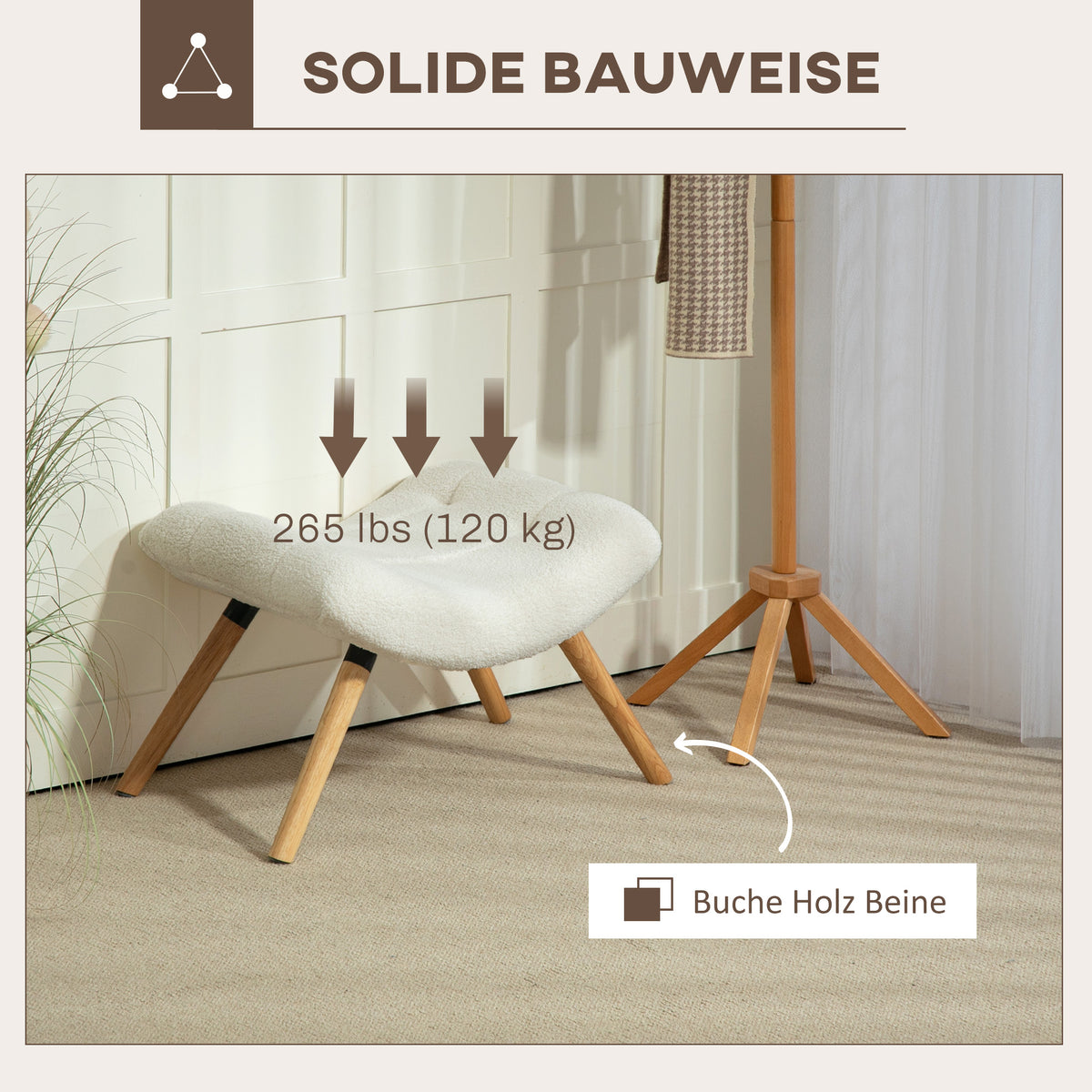 HOMCOM Moderner Fußhocker mit Fleece-Bezug und Holzbeinen, gepolstert, für Wohnzimmer, Schlafzimmer, Flur, Cremeweiß