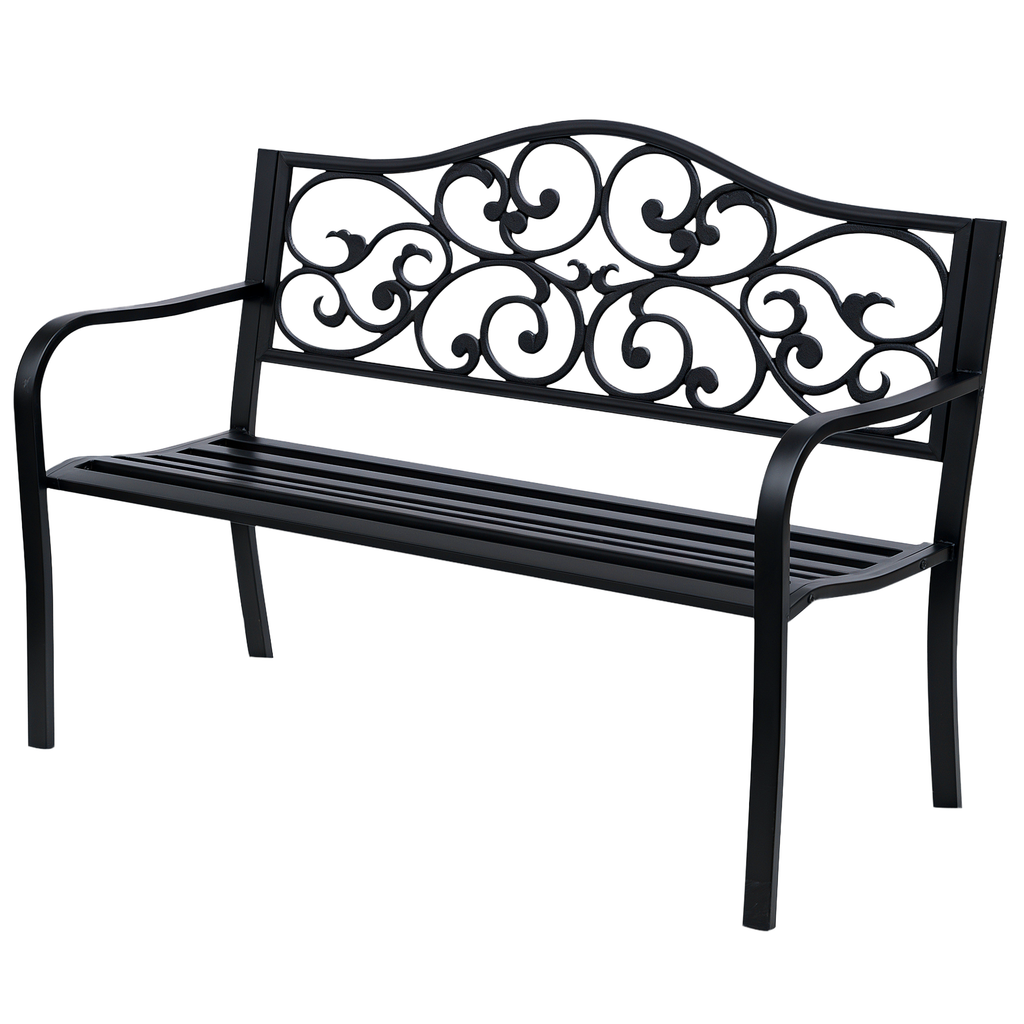 Outsunny 2-Sitzer Gartenbank Parkbank mit ausziehbarem Tisch Sitzbank Bank 240kg belastbar Terrassenbank mit Rücken- & Armlehnen Gartenmöbel für Terrasse, Garten Außenbereich 150x58,5x90 cm Schwarz