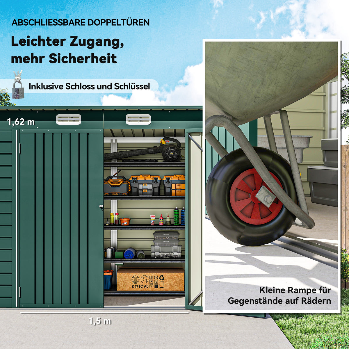 Outsunny Gerätehaus, Metall-Gartenhaus mit Pultdach, 249 x 121 x 166/183 cm, Einfache Montage, mit Doppeltüren, Grün