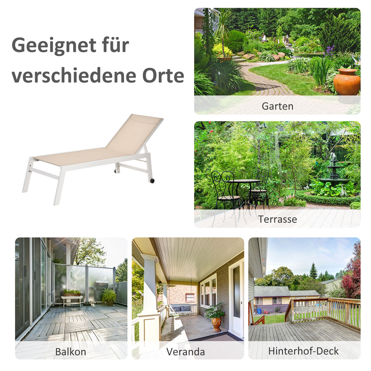 Outsunny Sonnenliege, Gartenliege, 5-stufige Rückenlehne, Aluminium, Cremeweiß, 202 x 65 x 43 cm