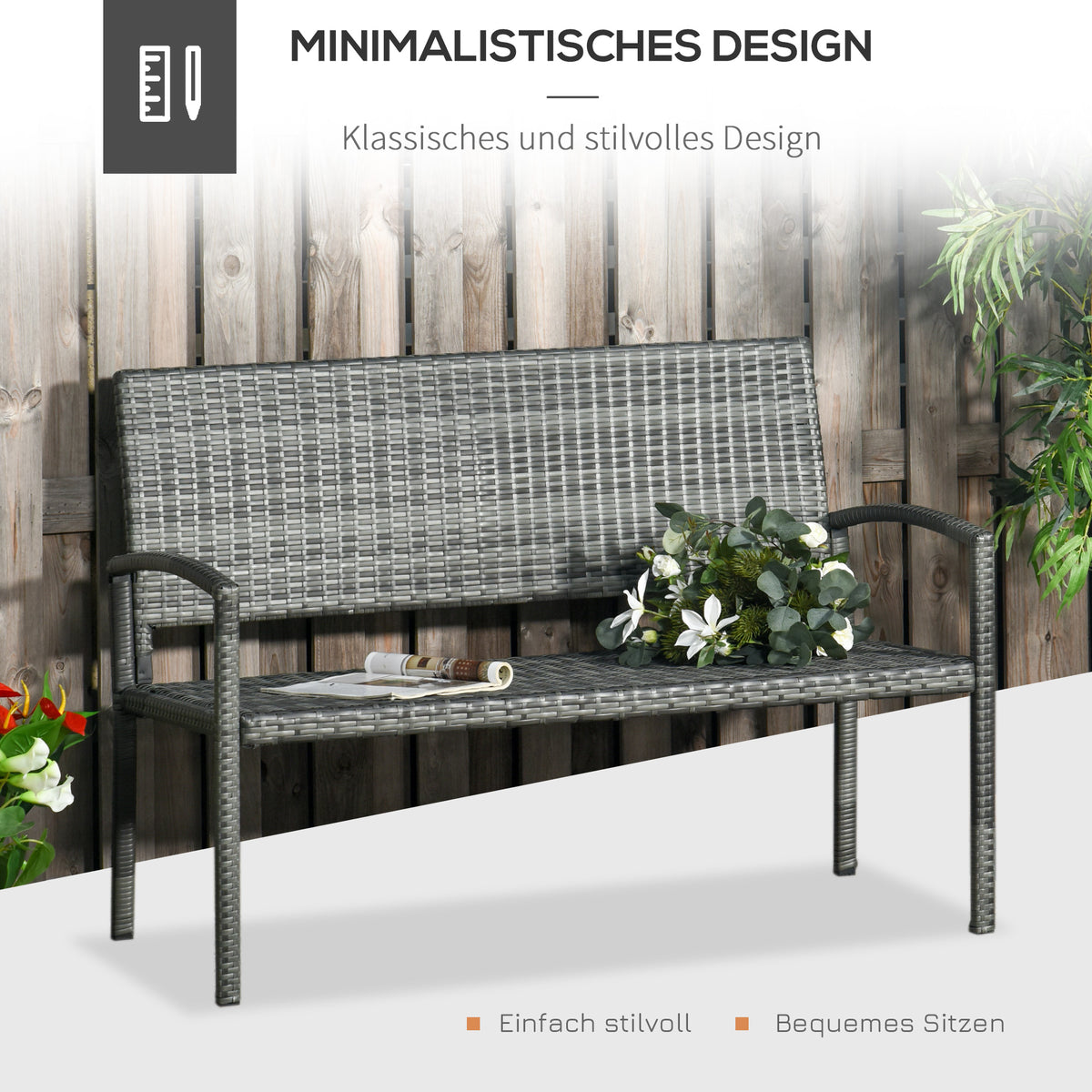 Outsunny Gartenbank, in Rattanoptik, mit Stahlrahmen, für 2 Personen, Braun, 122 x 60 x 87cm