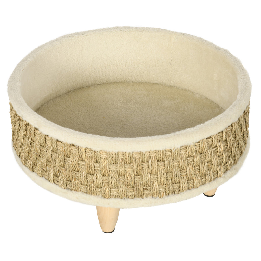 PawHut Haustierbett für Katzen und Hunde, Seegras, waschbares Kissen, 48 cm x 48 cm x 24,5 cm, Beige + Khaki - Natur