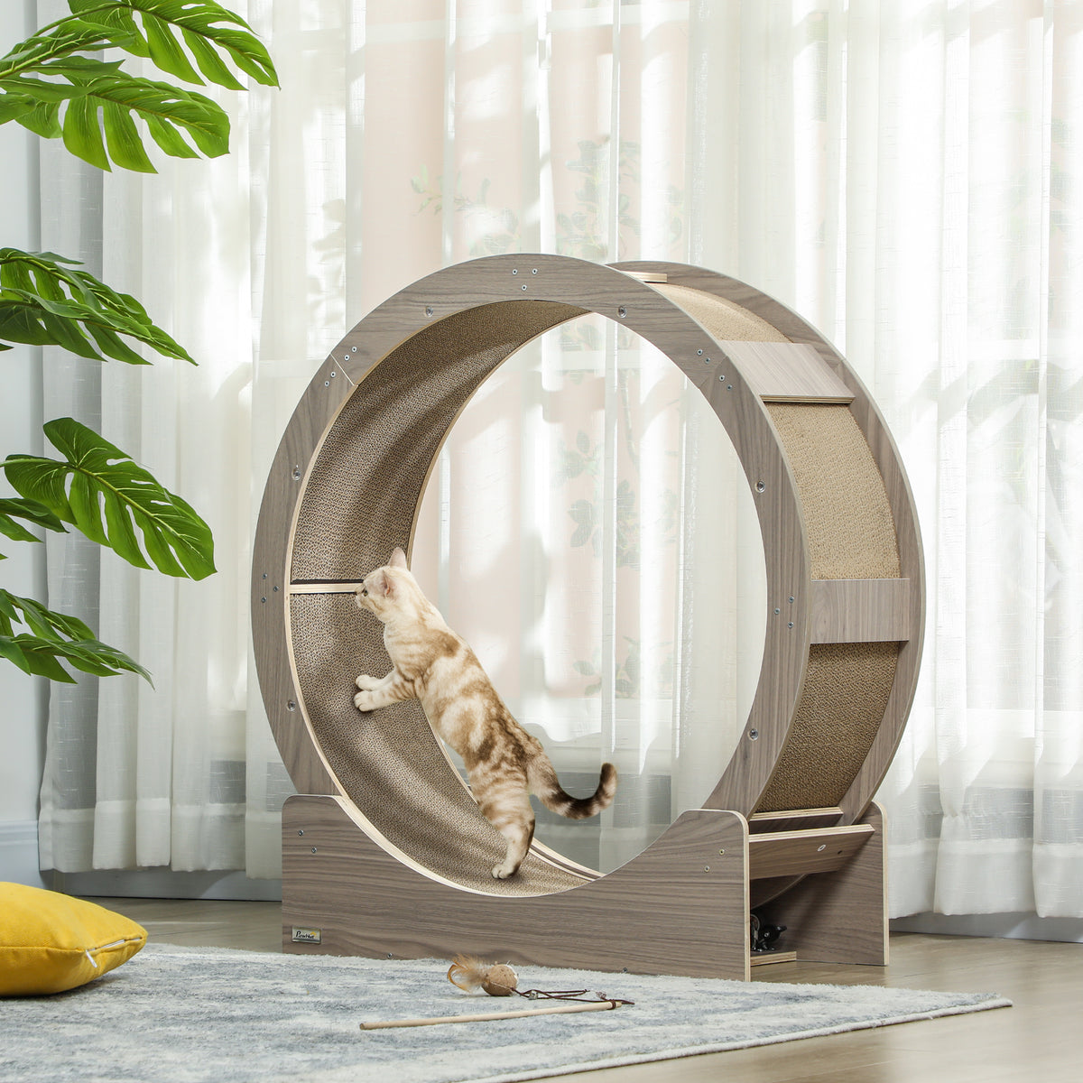 PawHut Katzenlaufrad, Laufrad für Katzen, 91 cm, mit Bremse, Kratzmatte, Katzenrad für gesunde Bewegung, Walnuss