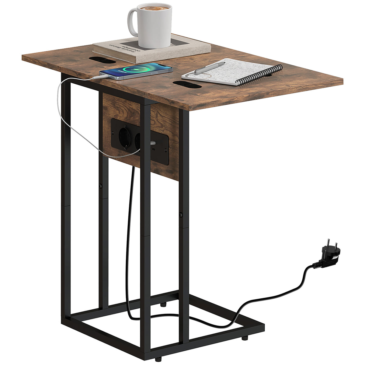 HOMCOM Ausziehbarer C-Couchtisch mit 2 Ladestationen, aus Holz und Metall, 39x29x57 cm, Schwarz und Braun
