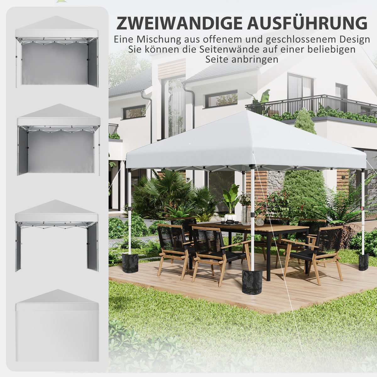 Outsunny Faltpavillon, zwei Seitenwände, Tragetasche, Stahlrahmen, hellgrau, 3 x 3 x 2,7 m