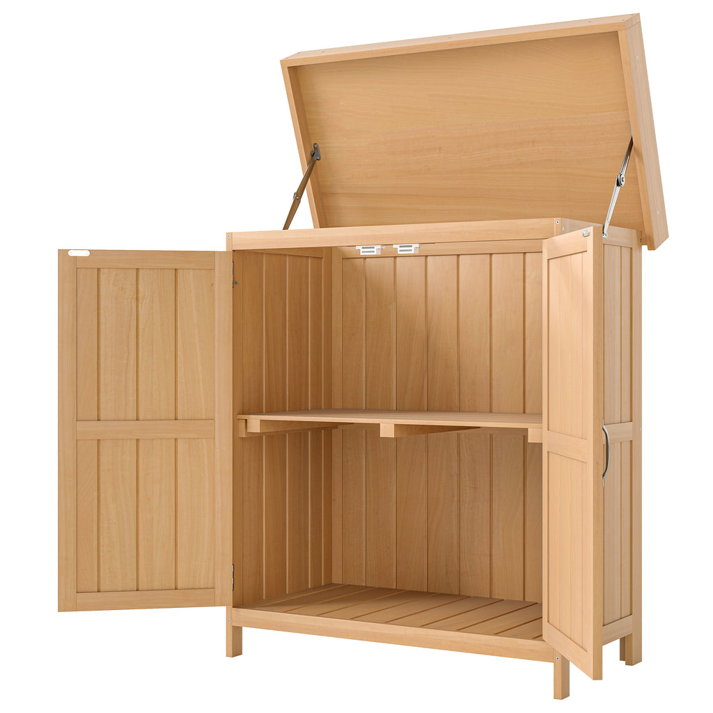 Outsunny Gartenschrank Tannenholz, Geräteschuppen wetterfest 74x43x88cm, Gerätehaus mit Doppeltür, 2 Fächern, Geräteschrank, Gartenhaus Werkzeugschrank Gartenschuppen für Garten, Terrasse, Natur