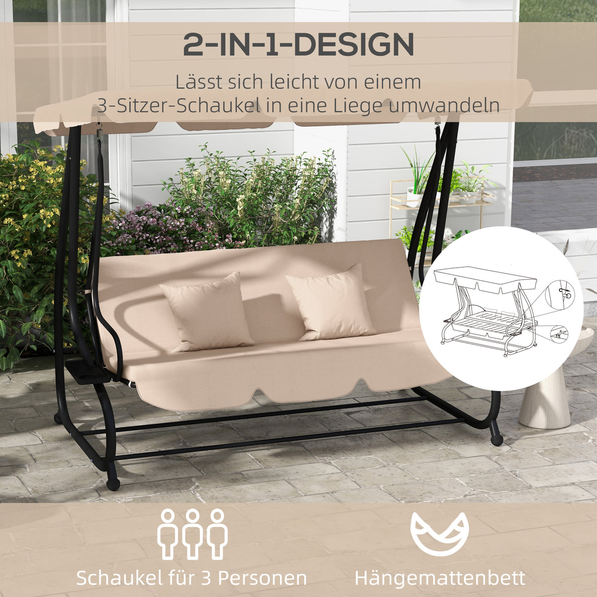Outsunny Schaukelbank, 3-Sitzer Hollywoodschaukel, Gartenschaukel mit Getränkehaltern, Stahl, 200 x 120 x 164 cm, Braun