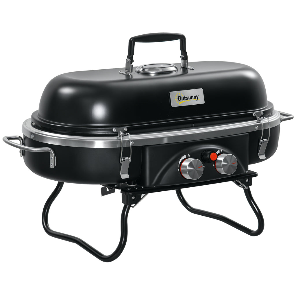 Outsunny Gasgrill 2,34 KW Klappbar BBQ Gartengrill inkl 2 Edelstahl-Brenner  Druckminderer 66 x 34,5 x 37 cm Schwarz
