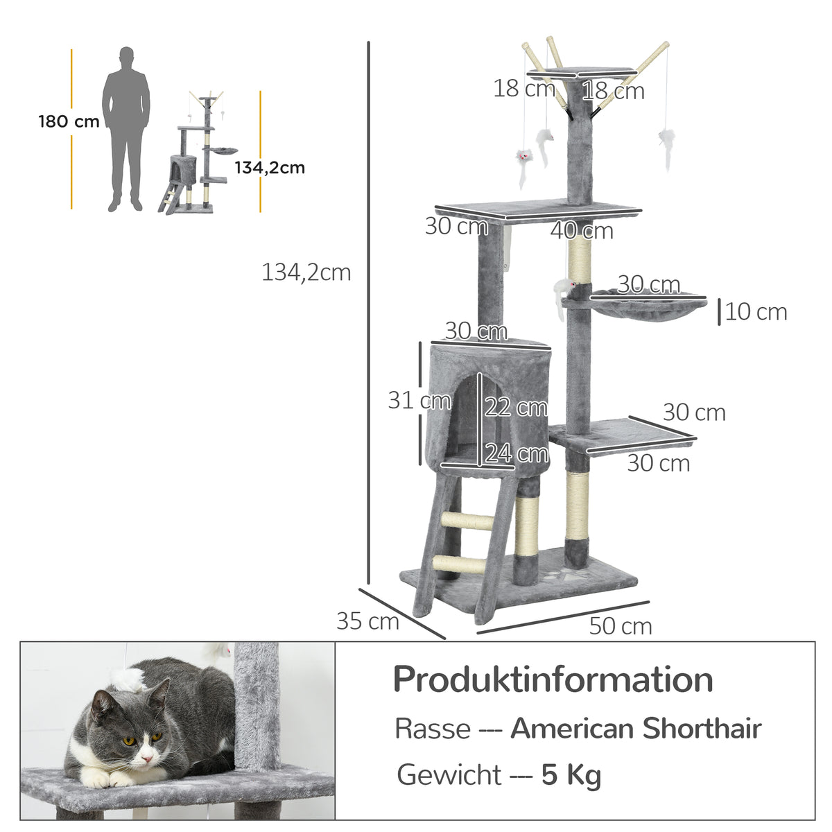 PawHut Katzenbaum, Kratzbaum, Katzenkratzbaum, Treppe, Spielzeug, 50 x 35 x 134,2 cm, Grau