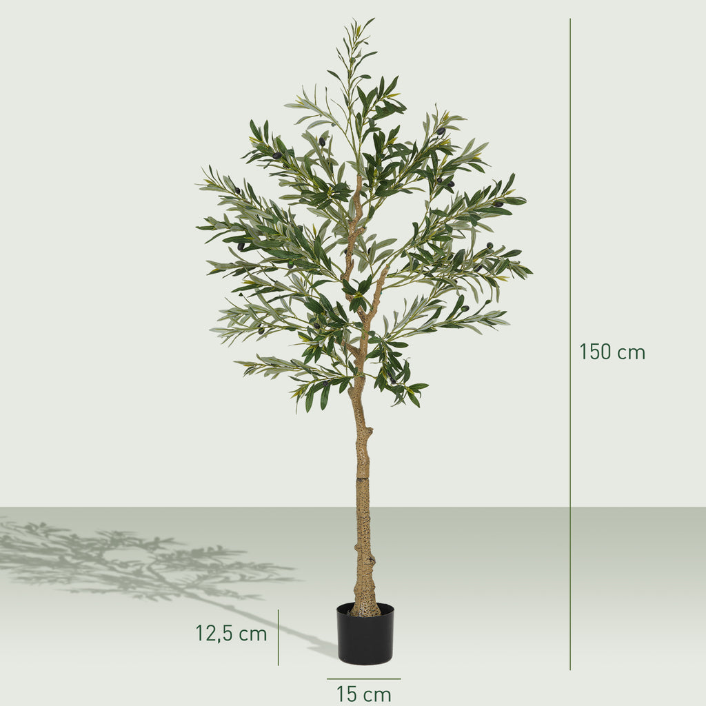 HOMCOM Kunstpflanze, Künstlicher Olivenbaum, 150 cm, 720 Blätter, 40 Oliven, stabiler Blumentopf, Dekorationspflanze, Grün