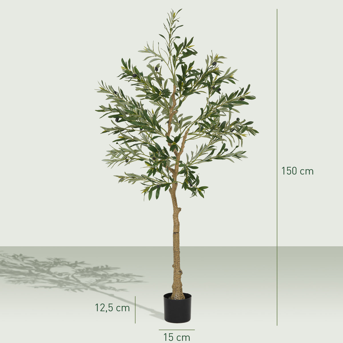 HOMCOM Kunstpflanze, Künstlicher Olivenbaum, 150 cm, 720 Blätter, 40 Oliven, stabiler Blumentopf, Dekorationspflanze, Grün