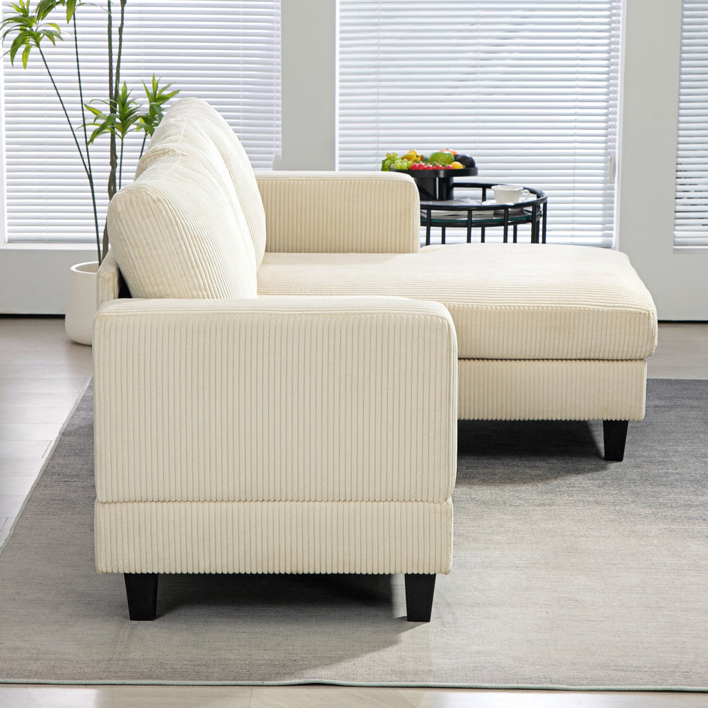 HOMCOM Ecksofa aus Rippvelours, 3-Sitzer Sofa mit Ottomane und dick gepolstertem Federkissen, Breite 214 cm, Beige
