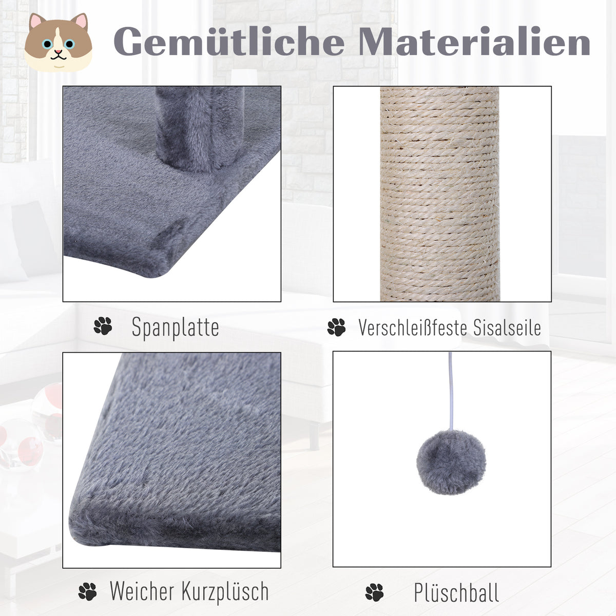 PawHut Kletterbaum Katzenbaum Kratzbaum mit Sisalsäule Plüsch-Hängematte Spanplatte Grau 50 x 36 x 70 cm