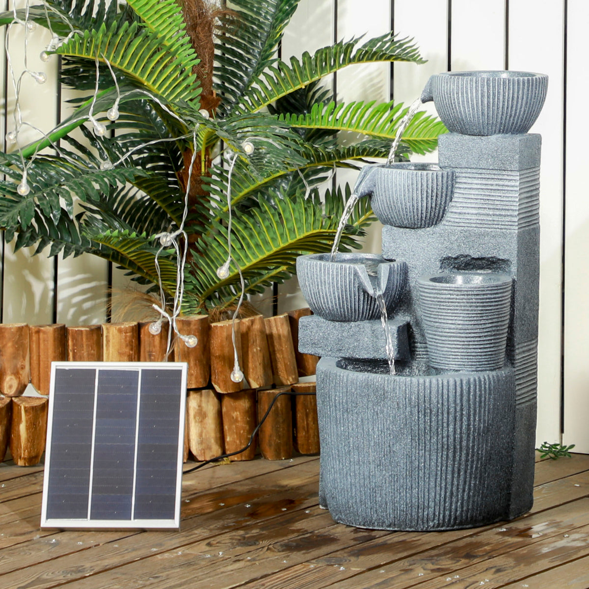 Outsunny Gartenbrunnen, Naturoptik, 4-stufig, Solarbetrieb, LEDs, 57cm Höhe, Dunkelgrau