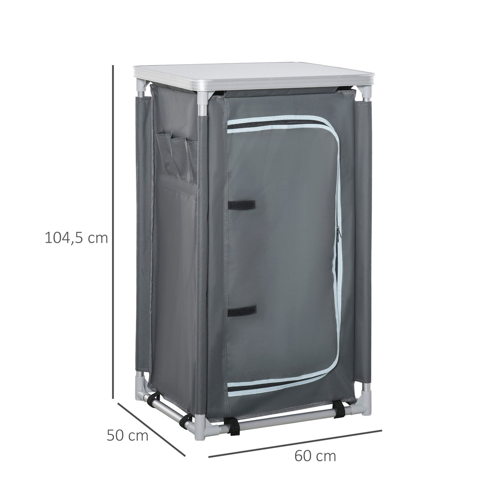 Outsunny Campingschrank faltbar Küchenbox tragbar mit Arbeitsplatte Tragetasche 3 Ablagen 600D Oxford Stoff Grau 60 x 50 x 104,5 cm