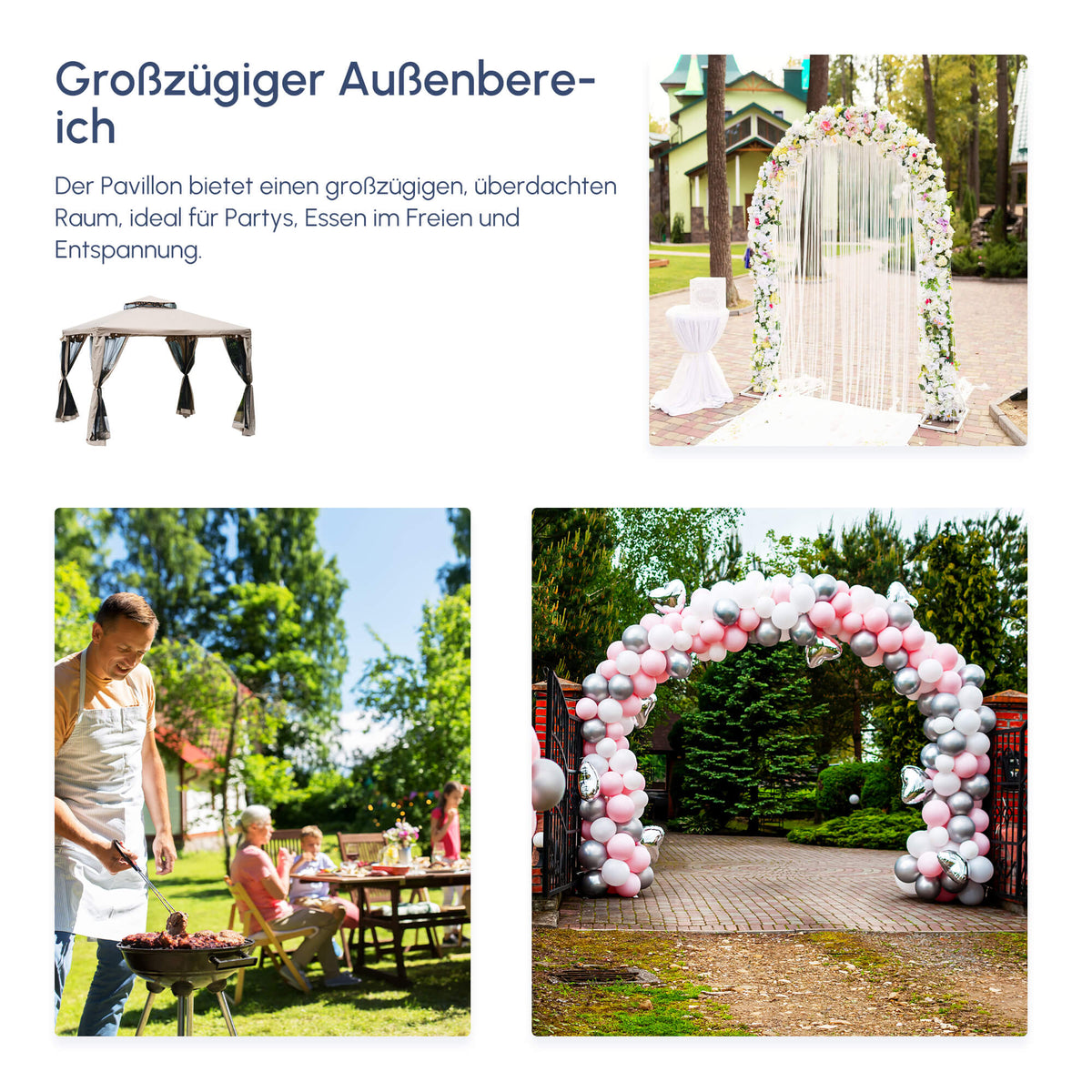 Outsunny Gartenpavillon Pavillon Gartenzelt Festzelt Partyzelt mit 4 x Seitenwand wetterfest Metall + Polyester Grau 2,94 x 2,94 x 2,65 m