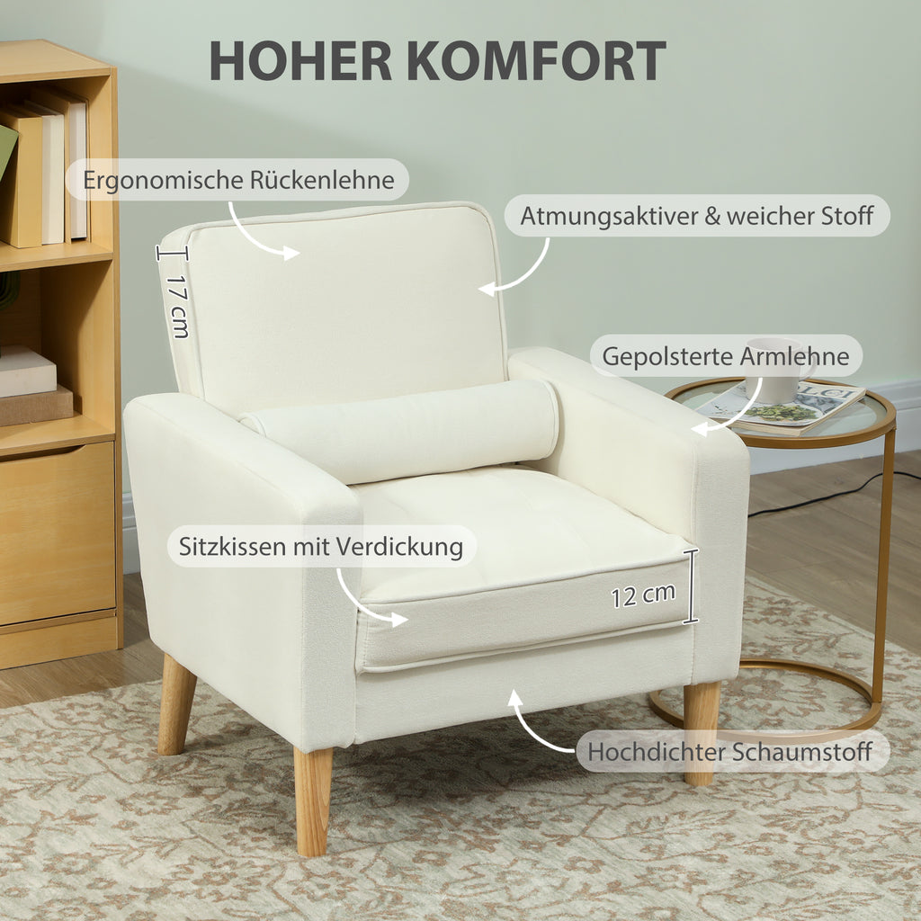 HOMCOM Polstersessel mit Armlehnen, neigbare Rückenlehne, Kautschukholzbeine, Cremeweiß