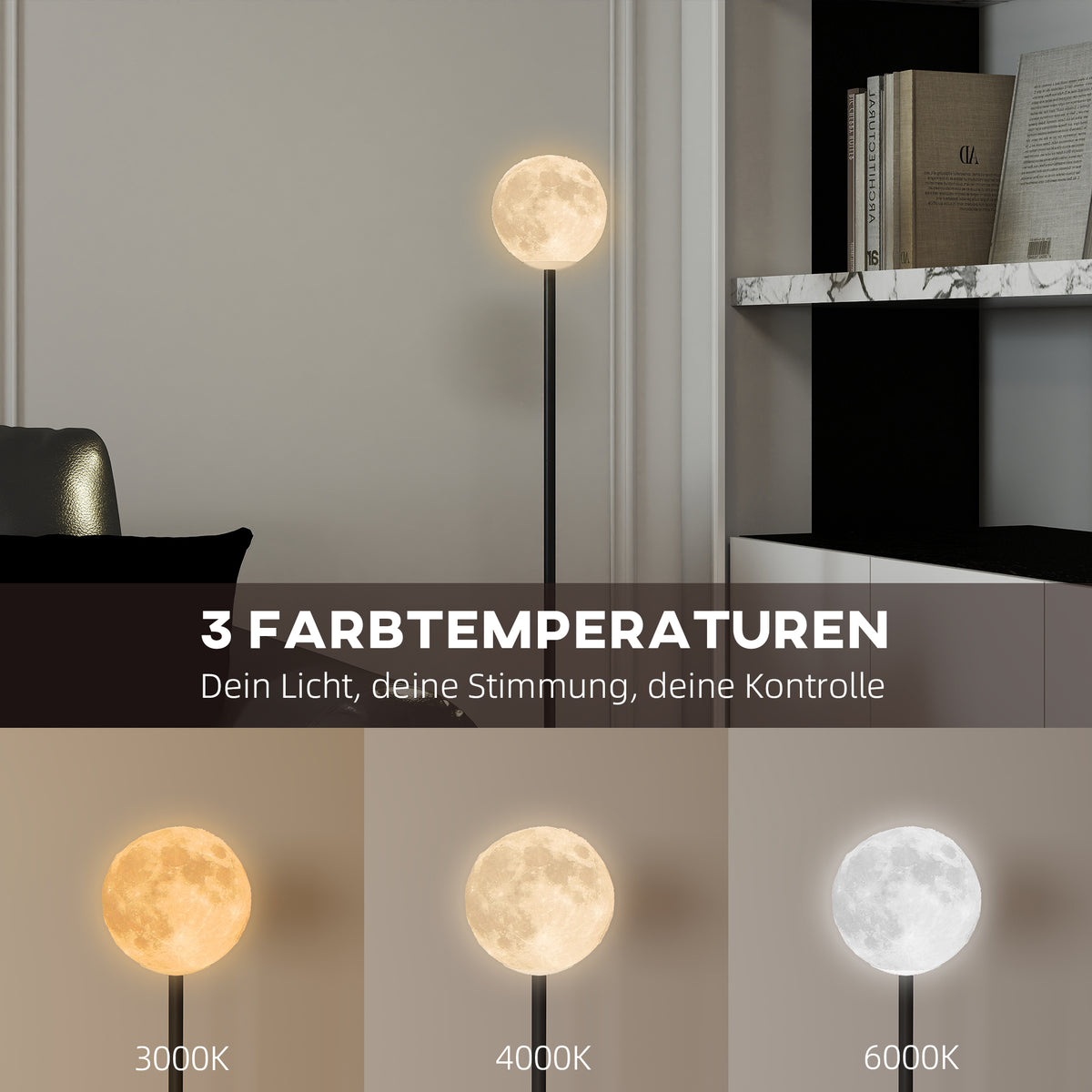 HOMCOM Stehlampe mit Schirm in Mondoptik, Fußschalter, 3 Farbtemperaturen, Metall, Schwarz