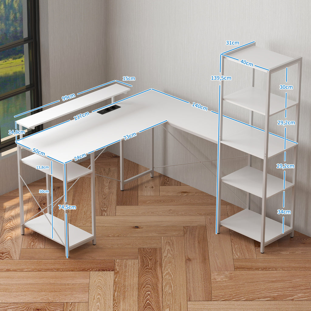 HOMCOM L-förmiger Schreibtisch mit Ladestation, Eck-Computertisch mit Monitorständer und Regalen, für Homeoffice, Büro, Weiß