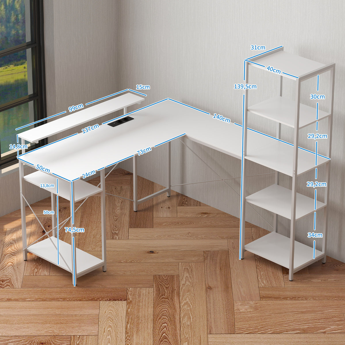 HOMCOM L-förmiger Schreibtisch mit Ladestation, Eck-Computertisch mit Monitorständer und Regalen, für Homeoffice, Büro, Weiß