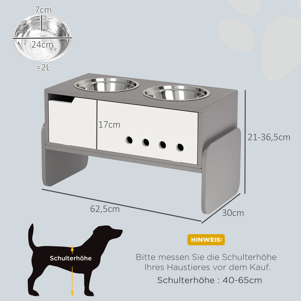 PawHut Erhöhte Fütterungsstation für Hunde, mit Stauraum und Anti-Schling-Matte, 2 x 2000 ml Edelstahlnapf, Grau