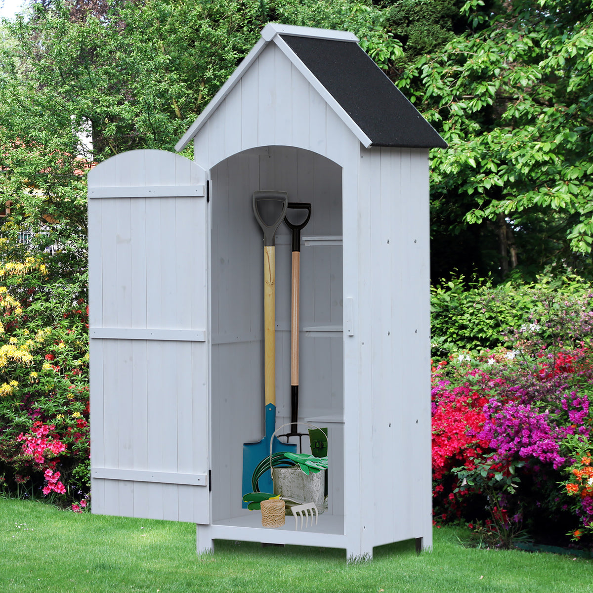 Outsunny Gartenschrank Holz  Gerätehaus Gartenhaus Geräteschuppen Geräteschrank Holzhütte Giebeldach Bitumenpappe Weiß 77,5 x 54,2 x 179,5 cm