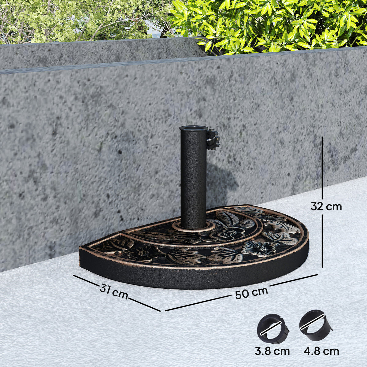 Outsunny Sonnenschirmständer aus Edelstahl Schirmständer mit Griffe, halbrund Schirmhalter, Schirmgewichtfür Sonnenschirm Ø3,8-Ø4,8 cm, für Balkon, Terasse, Garten, Bronze