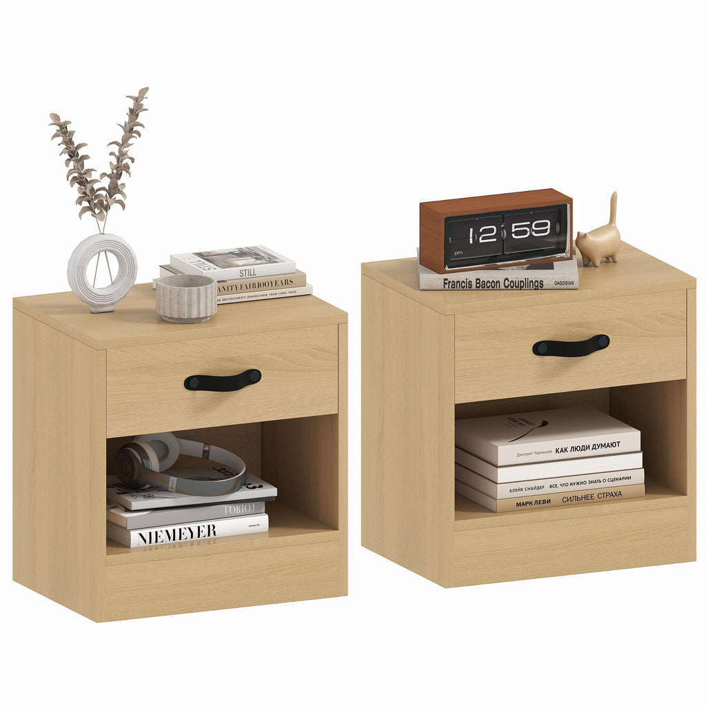 HOMCOM Pack von 2 Nachttischen mit Schublade und Offenem Fach für Wohnzimmer 39x28x41 cm Natur