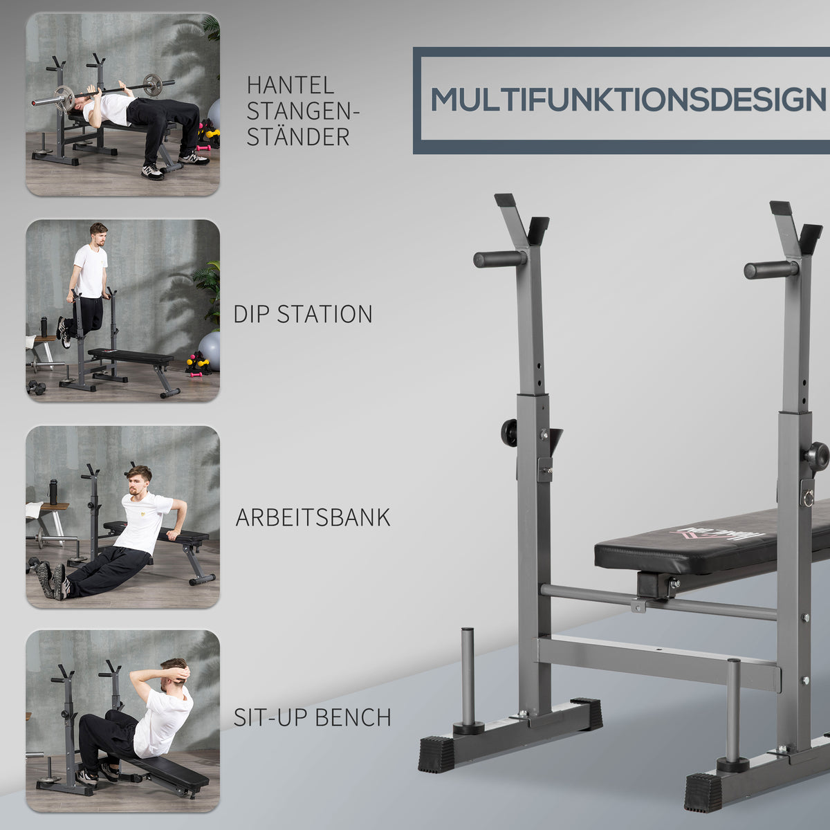 HOMCOM Hantelbank, 8 Positionen, klappbar, Stahlbasis, gepolstert, Kunstleder, 98-122H x 140L x 73B cm, Schwarz/Grau