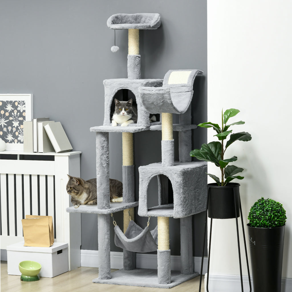 PawHut Kratzbaum für Katzen mit Hängematte, Liegebett und 2 Höhlen, aus Spanplatte und Plüsch, 55x49x177 cm, Grau und Weiß
