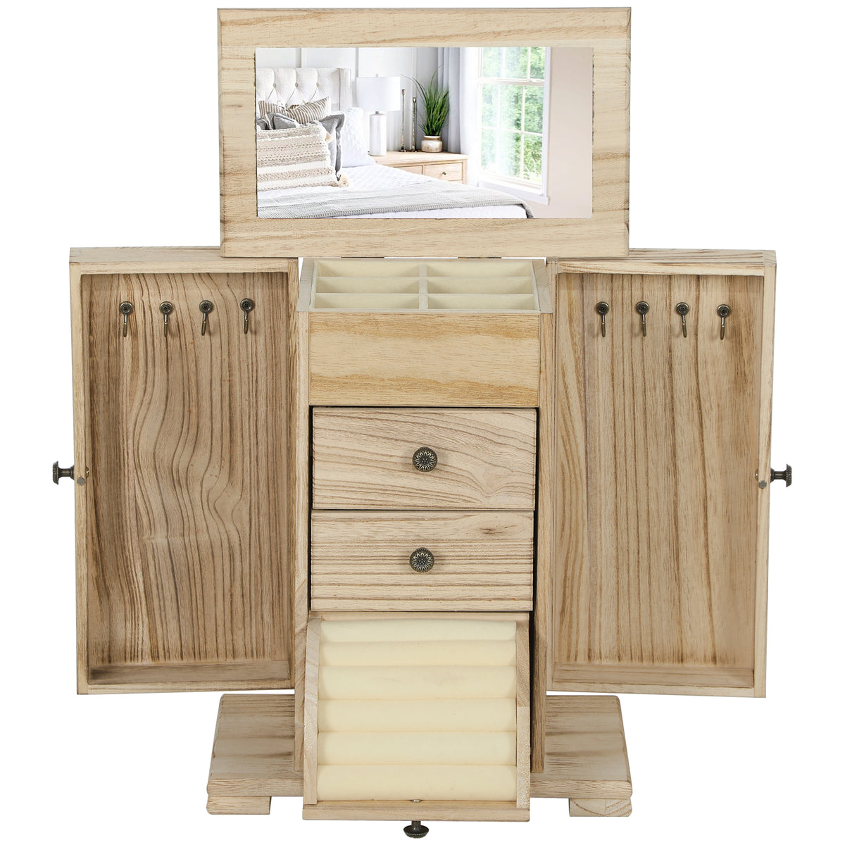 HOMCOM Schmuckbox, Schmuckschatulle, 4-stufiges Layout, integrierter Spiegel, Holz, Braun
