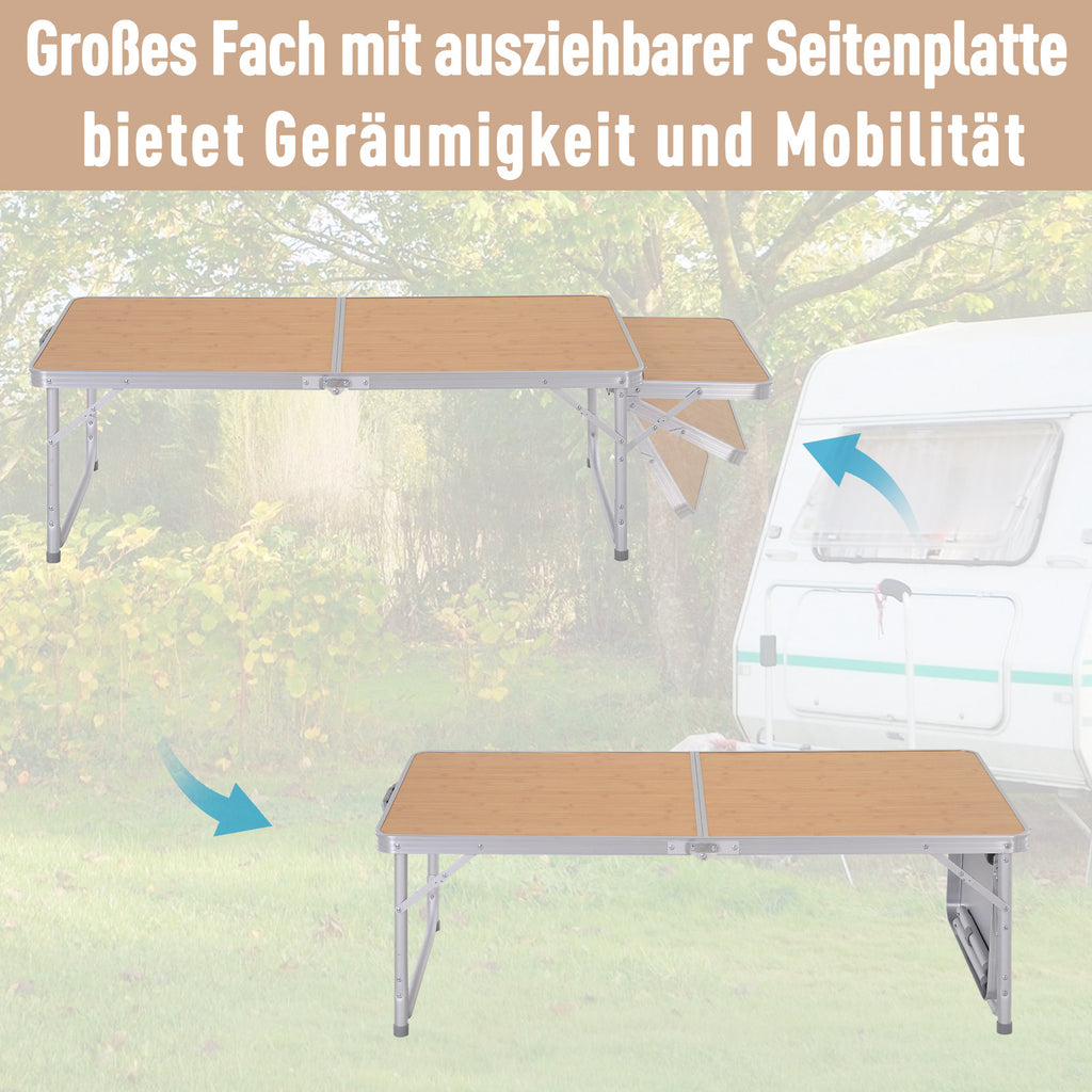 Outsunny Campingtisch höhenverstellbar Klapptisch mit Seittischplatte Klappbar Aluminium 120 x 60cm Naturholz