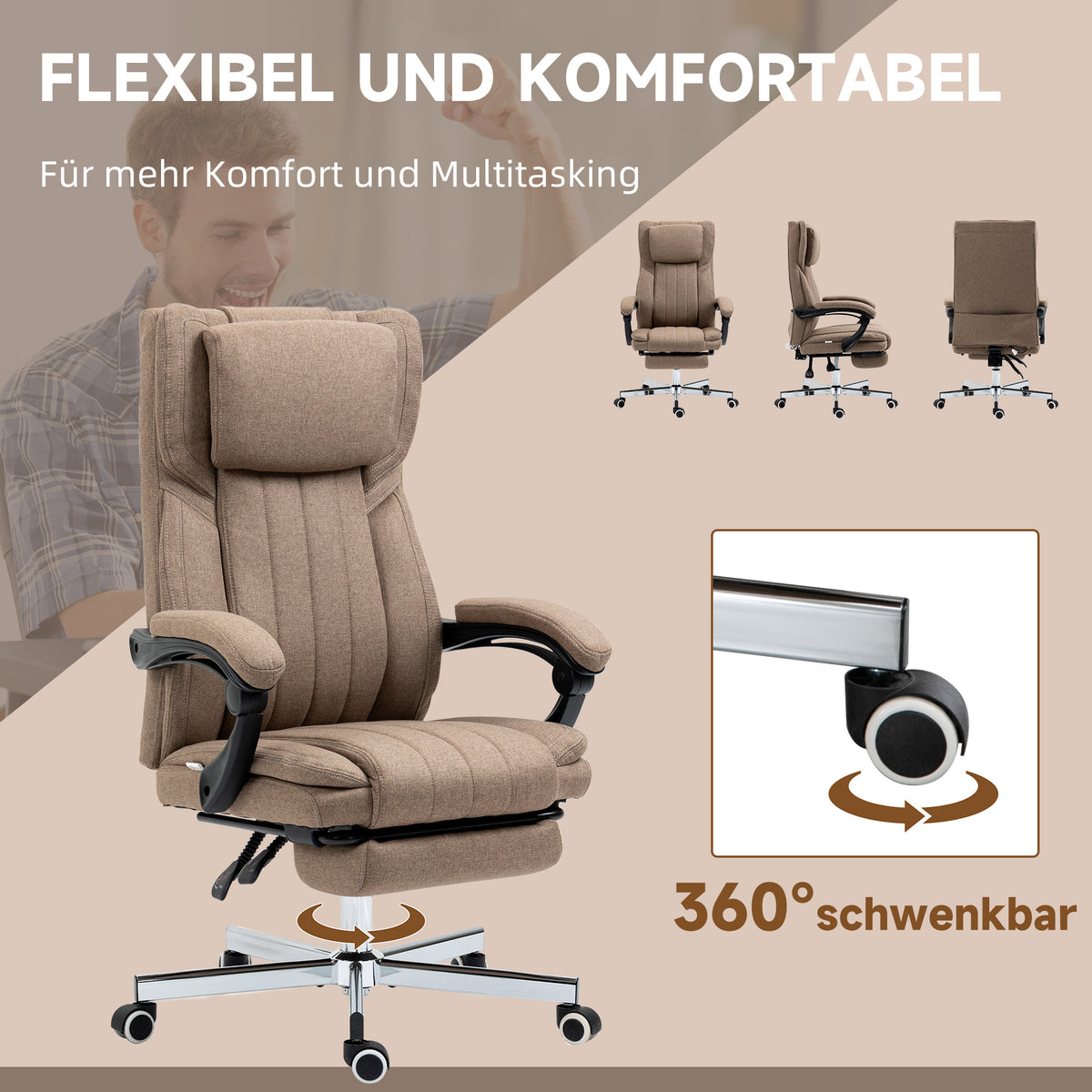 Vinsetto Bürostuhl mit Massagefunktion, neigbare Rücklehne, ausziehbare Fußstütze, Leinenoptik, 65 x 61 x 113 cm, Braun